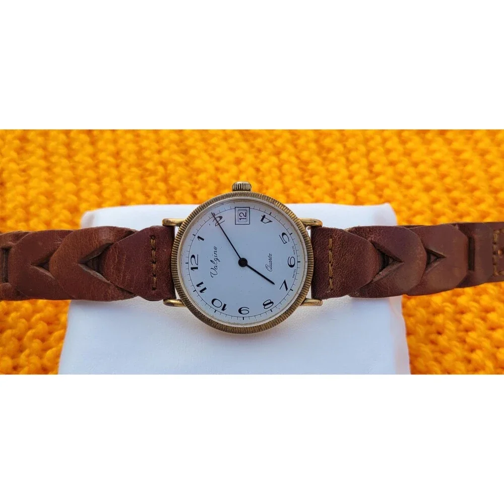 VTG Valgine Swiss Quartz Watch Gold Tone Brown Braid Leather Heritage Americana
